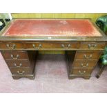 A REPRODUCTION MAHOGANY PEDESTAL DESK with gilt tooled red leather top, 77 cms high, 123 cms wide,