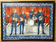 THE BEATLES - a large framed printed velour poster showing the Fab Four in action with a