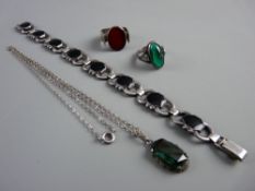 FOUR ITEMS OF CONTINENTAL SILVER JEWELLERY, all set with semi-precious stones including a 19 cms