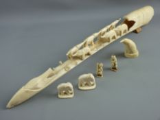 CARVED IVORY ORNAMENTS (a quantity) including an elephant train tusk with alligator ends, two