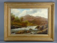 WILLIAM MELLOR oil on canvas - Welsh tumbling river scene with distant grazing sheep near Moel