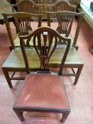 FIVE ANTIQUE OAK FARMHOUSE CHAIRS to include a pair with solid seats, a pair of rush seated and