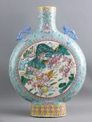 A 19th CENTURY CHINESE CERAMIC MOON FLASK, Famille Rose decorated on a turquoise body having large