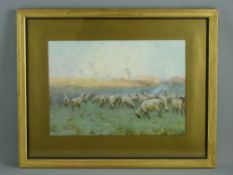 MARY S HAGARTY watercolour - grazing sheep with distant windmill and cottages, signed, 23.5 x 34
