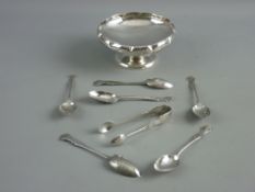 A SILVER PEDESTAL BON BON DISH and a six teaspoons with tongs set, the 5 cms high dish with a lobe