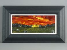 WYN HUGHES acrylic on board - old farm field gate and a fierce sunset, signed with initials, 13.5
