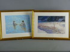 STEVEN JONES coloured limited edition (10/500) print - two seated children in sea water, signed,