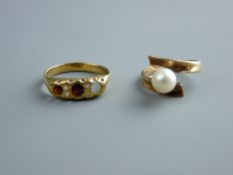 A NINE CARAT GOLD CROSSOVER PEARL RING, 2.2 grms and an eighteen carat gold dress ring having