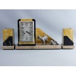 A FRENCH ART DECO CLOCK GARNITURE, three piece set in various coloured marble, the clock base set