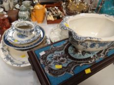 A parcel of mixed items including sequinned stool, Staffordshire pottery, sardine dish etc