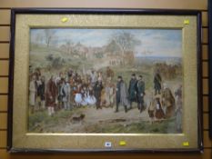 A good antique heightened print of a village welcoming a group of dignitaries who have arrived by