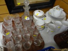 A parcel of good quality cut glass tumblers, glass decanter and stopper, gold banded tea-set etc