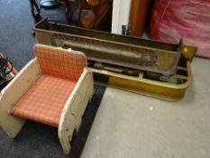 Two antique brass fenders and a novelty child's chair with stencilled elephant decoration