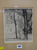 A framed etching of a churchyard with trees entitled December, signed Sylvia B Roberts