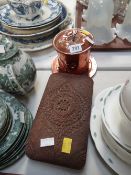 An Art Nouveau copper tea caddy and an Indian carved cigarette box