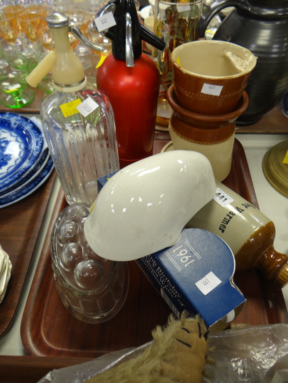 A quantity of mixed pottery and china including two vintage soda siphons, a pottery rabbit jelly