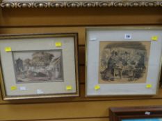 A nineteenth century framed watercolour of a village square with figures together with a framed
