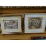 A nineteenth century framed watercolour of a village square with figures together with a framed