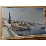 Continental School oil on canvas - Italian lake town waterfront scene with moored boats looking