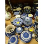 A large quantity of mixed blue Wedgwood Jasperware table items