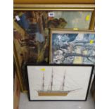 Parcel of framed pictures including Chinese print, a harbour scene, a print after L S Lowry etc