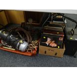 A quantity of vinyl records and a crate of mixed items including vintage Electrolux vacuum cleaner