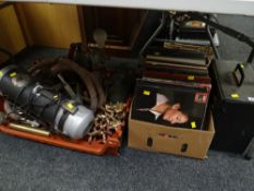 A quantity of vinyl records and a crate of mixed items including vintage Electrolux vacuum cleaner