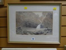 A framed watercolour of a waterfall in Snowdonia by Conwy artist Jeremy Yates