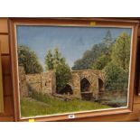 J A Norris oil on board - stone bridge over river with trees, entitled verso 'Cromford Bridge',