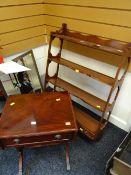 A Bevan Funnell mahogany wall rack with base drawers together with a similar style drop flap table