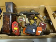 A collection of vintage display tins and three vintage carpenters tools