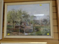 A framed watercolour of a village with figures and ducks, signed Willett