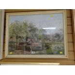 A framed watercolour of a village with figures and ducks, signed Willett