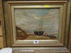 Nineteenth century framed oil on canvas beach scene with ship and figures together with similar