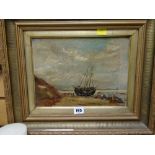 Nineteenth century framed oil on canvas beach scene with ship and figures together with similar