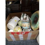 A box of mixed pottery and china including Majolica bread plate