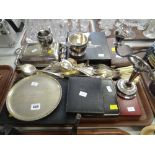 A quantity of mixed electroplate including loose and cased cutlery, entree dish, candelabra etc