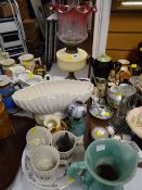 Vintage yellow and red glass oil lamp together with a parcel of various china jugs and mugs etc