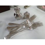 A silver continental scent bottle and a silver pepperette and a collection of EPNS forks