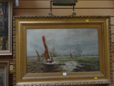 A good oil on canvas of a busy British shipping scene with industrial port background and various
