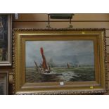 A good oil on canvas of a busy British shipping scene with industrial port background and various