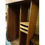 A teak wardrobe, a loom-style chair, magazine rack, half moon table, Black & Decker strimmer etc (