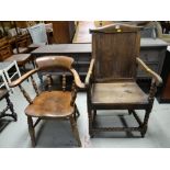 A vintage wooden elbow desk-chair and an earlier wooden farmhouse chair with bobbin supports