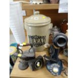 A stoneware bread bin, antique flat iron, retro telephone etc