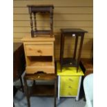 A painted three-drawer chest, a pine effect chest, two square topped tables, stool, tea trolley