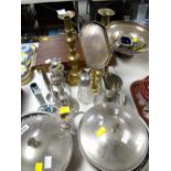 Quantity of mixed EPNS, a boxed cutlery set, a pair of brass candlestick holders etc