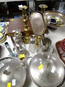 Quantity of mixed EPNS, a boxed cutlery set, a pair of brass candlestick holders etc