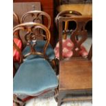 A pair of Victorian balloon back chairs together with an antique farmhouse chair and another