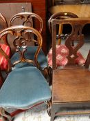 A pair of Victorian balloon back chairs together with an antique farmhouse chair and another