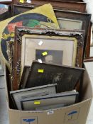 A box of old framed pictures etc